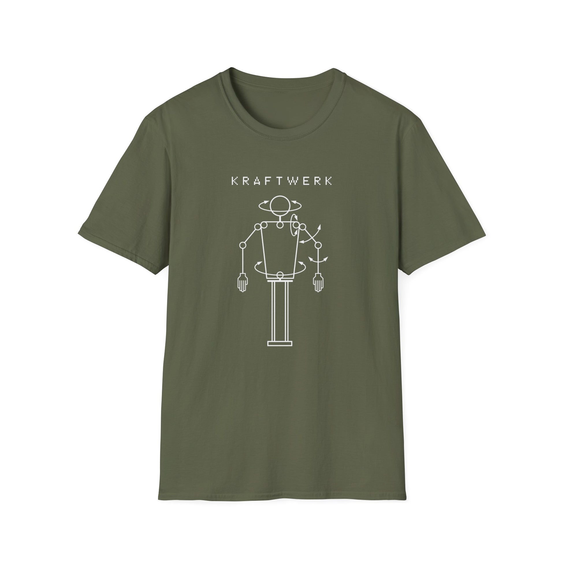 Olive green t-shirt with "KRAFTWERK" and a white line drawing of a robot.