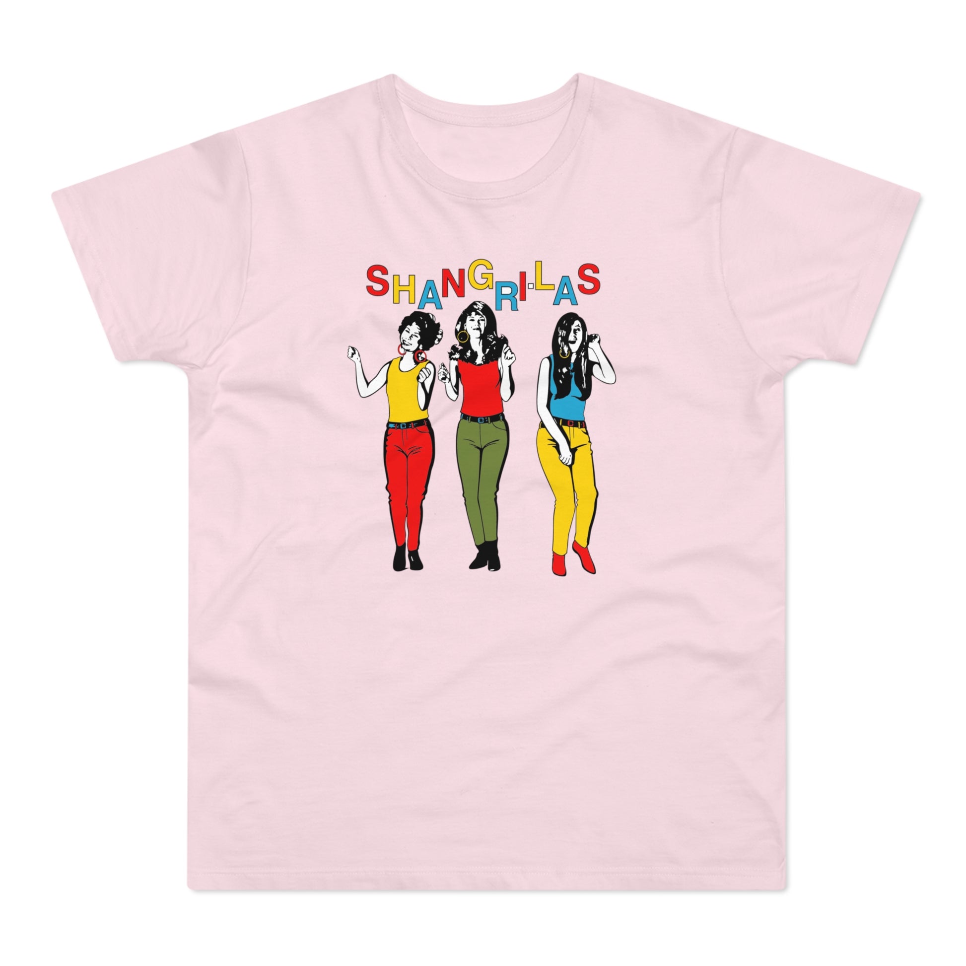 Pink t-shirt with art of three women and colorful SHANGRI-LAS text.