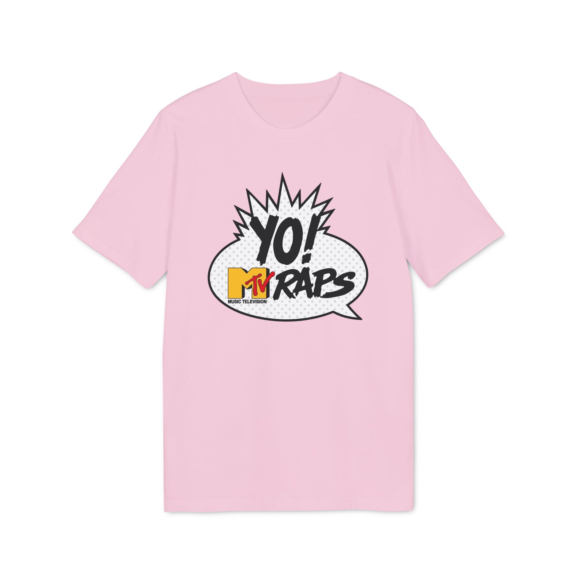 Pink t-shirt with "YO! MTV RAPS MUSIC TELEVISION" in a comic style speech bubble.