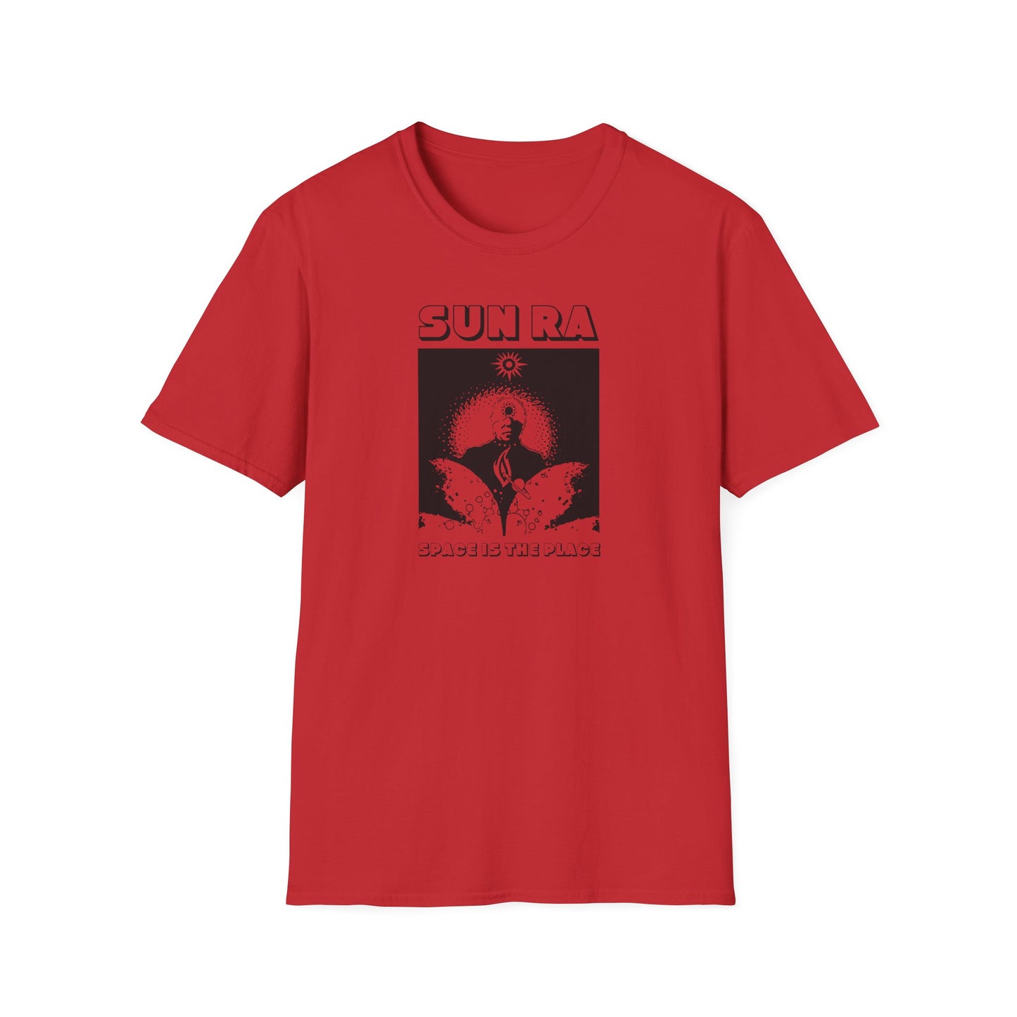 Red t-shirt with black graphic and text "SUN RA SPACE IS THE PLACE".