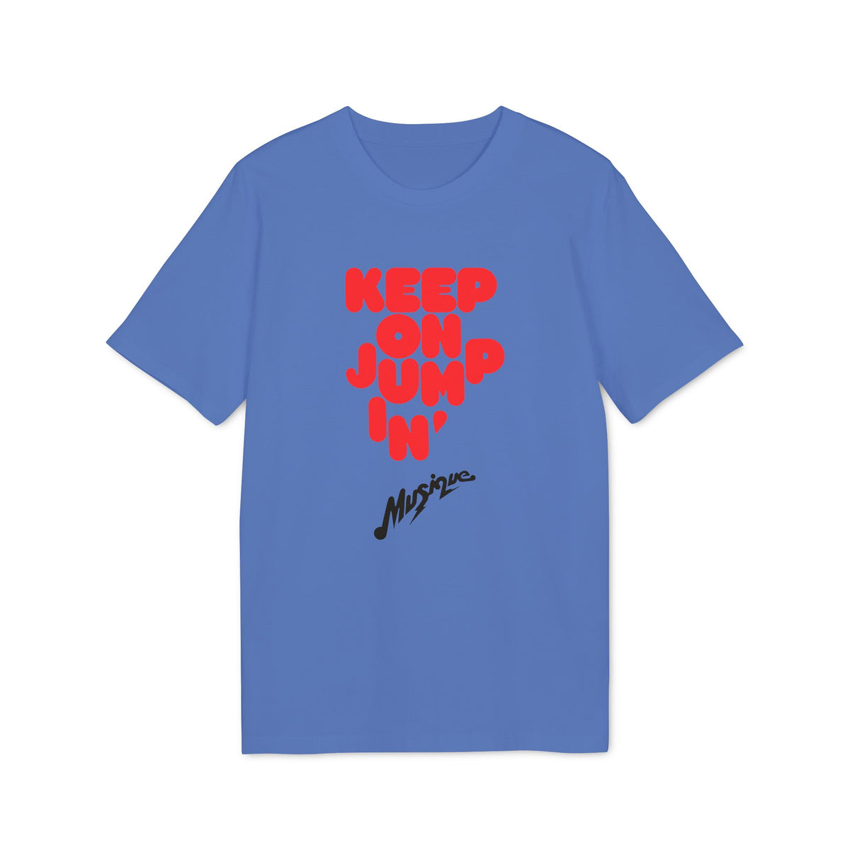 Blue t-shirt with red text "KEEP ON JUMP IN'" and black text "Musique".