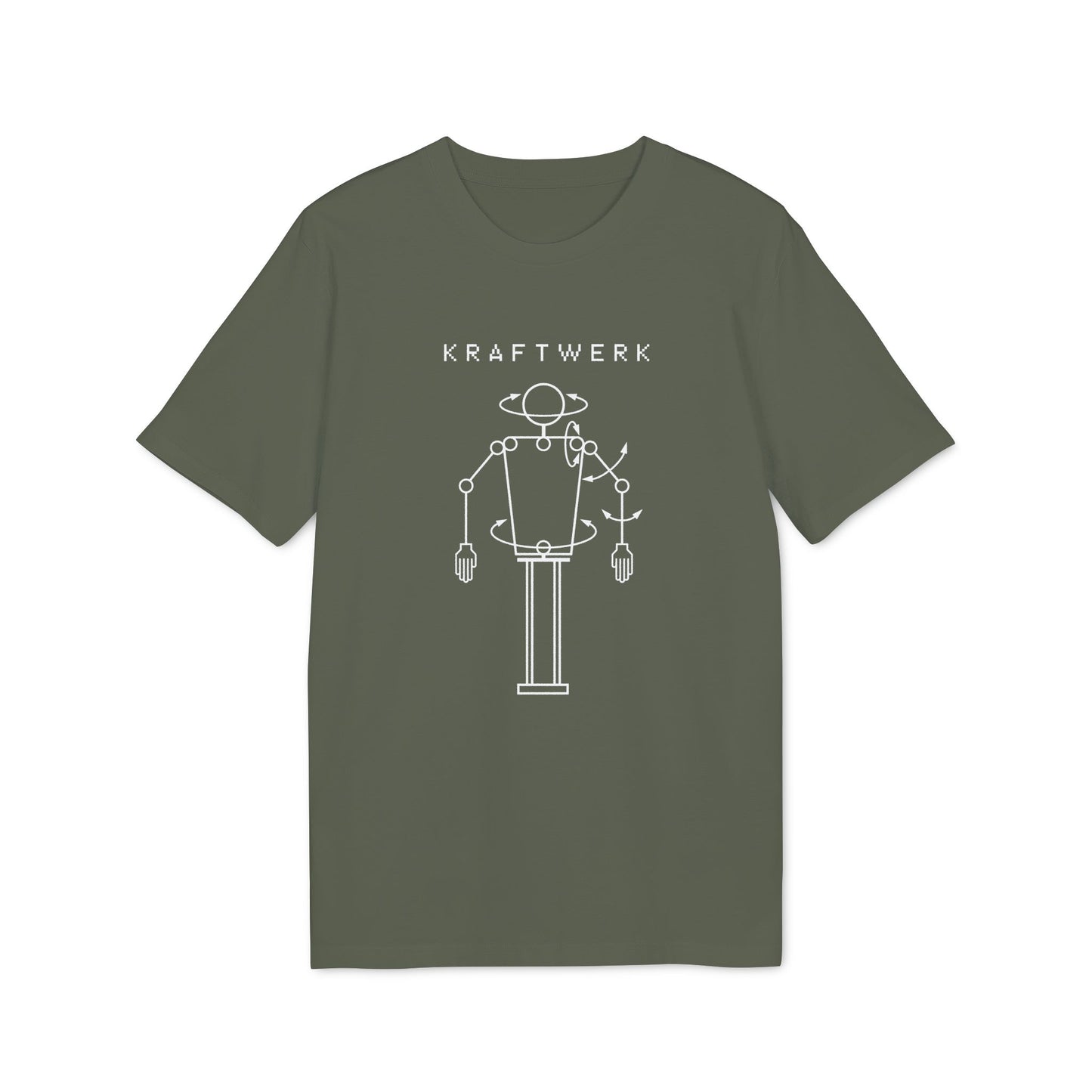 Kraftwerk logo with robotic figure and outline of a planet.