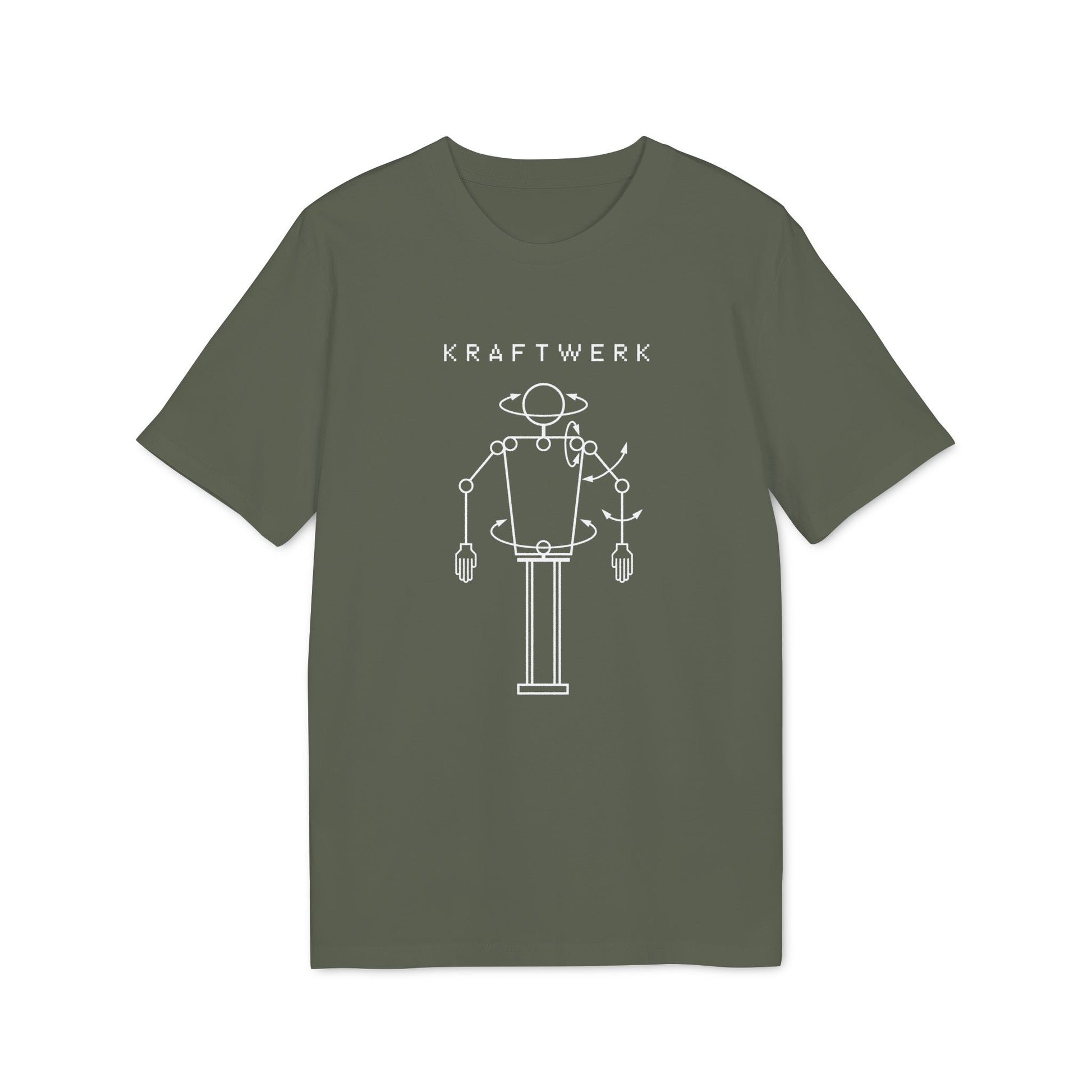 Kraftwerk logo with robotic figure and outline of a planet.