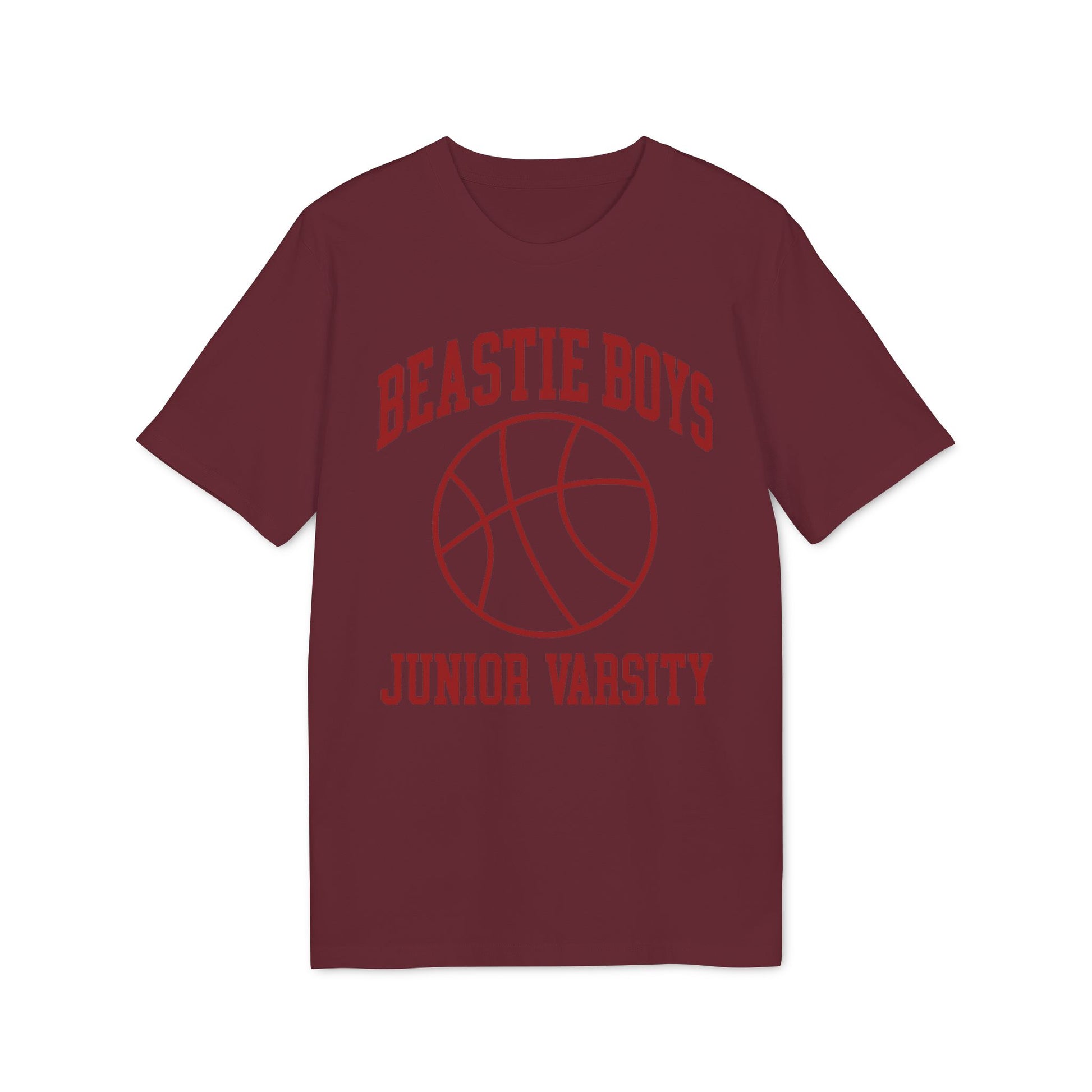 Maroon t-shirt with red "Beastie Boys Junior Varsity" text and basketball graphic.