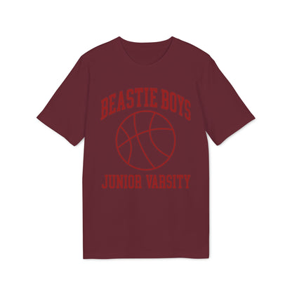 Maroon t-shirt with red "Beastie Boys Junior Varsity" text and basketball graphic.