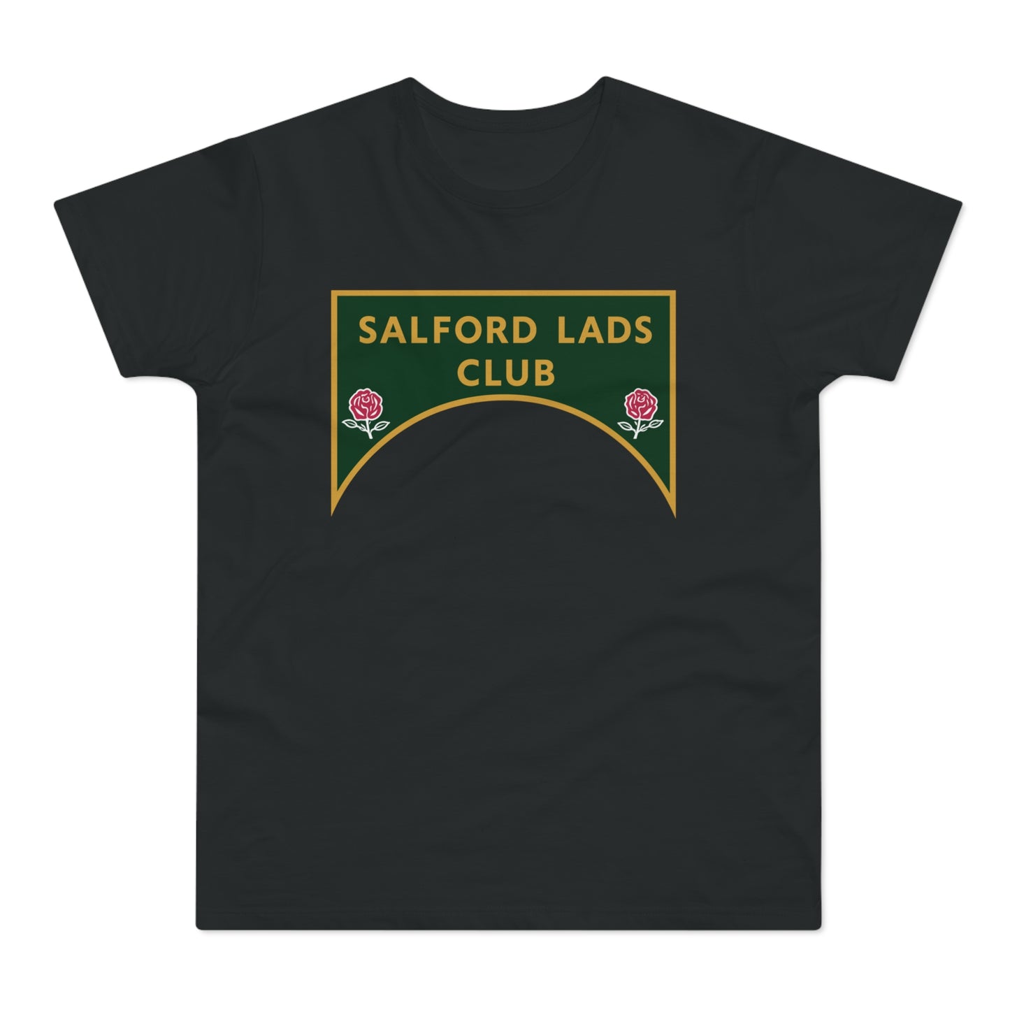 Black t-shirt with a green and gold crest featuring "SALFORD LADS CLUB" and two roses.