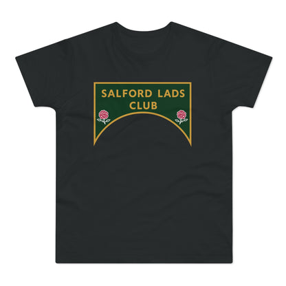 Black t-shirt with a green and gold crest featuring "SALFORD LADS CLUB" and two roses.
