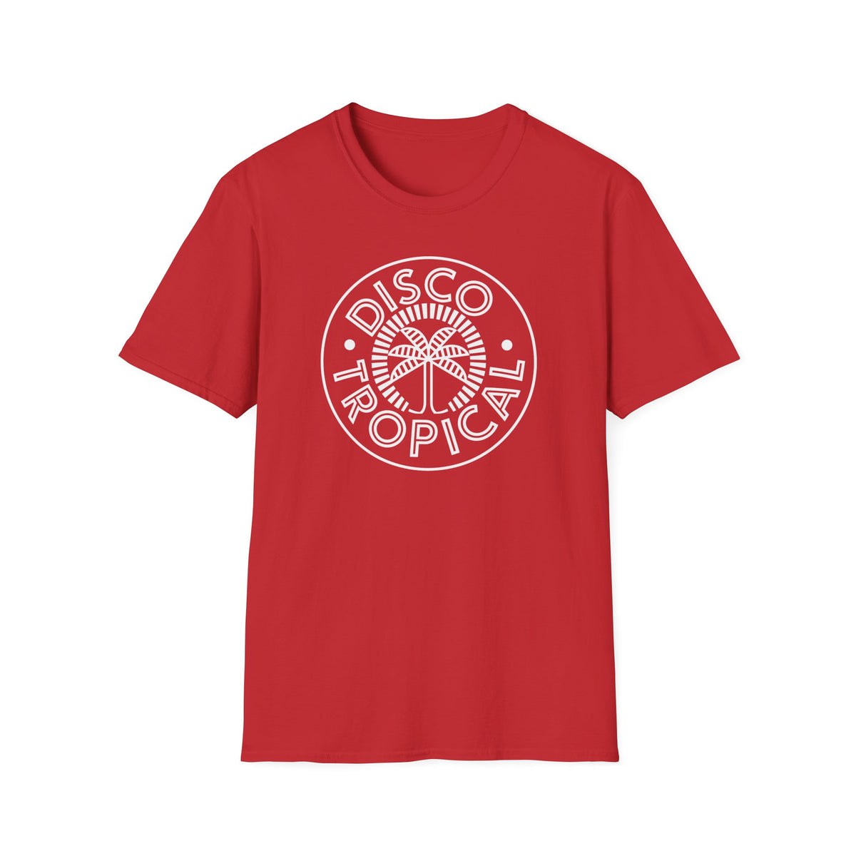 Red t-shirt with white "Disco Tropical" text and palm tree logo.
