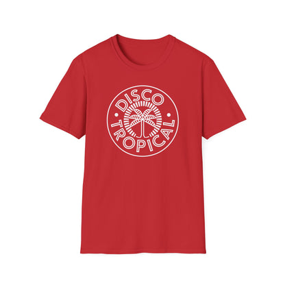 Red t-shirt with white "Disco Tropical" text and palm tree logo.