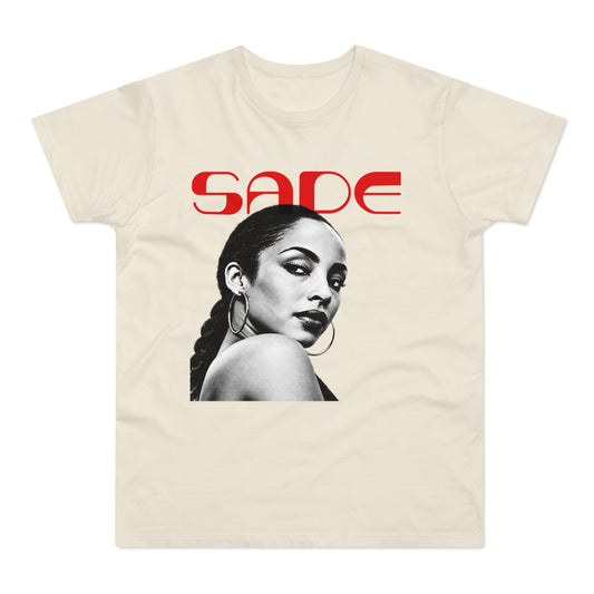 Cream t-shirt with red "SADE" text and black and white portrait of Sade Adu.