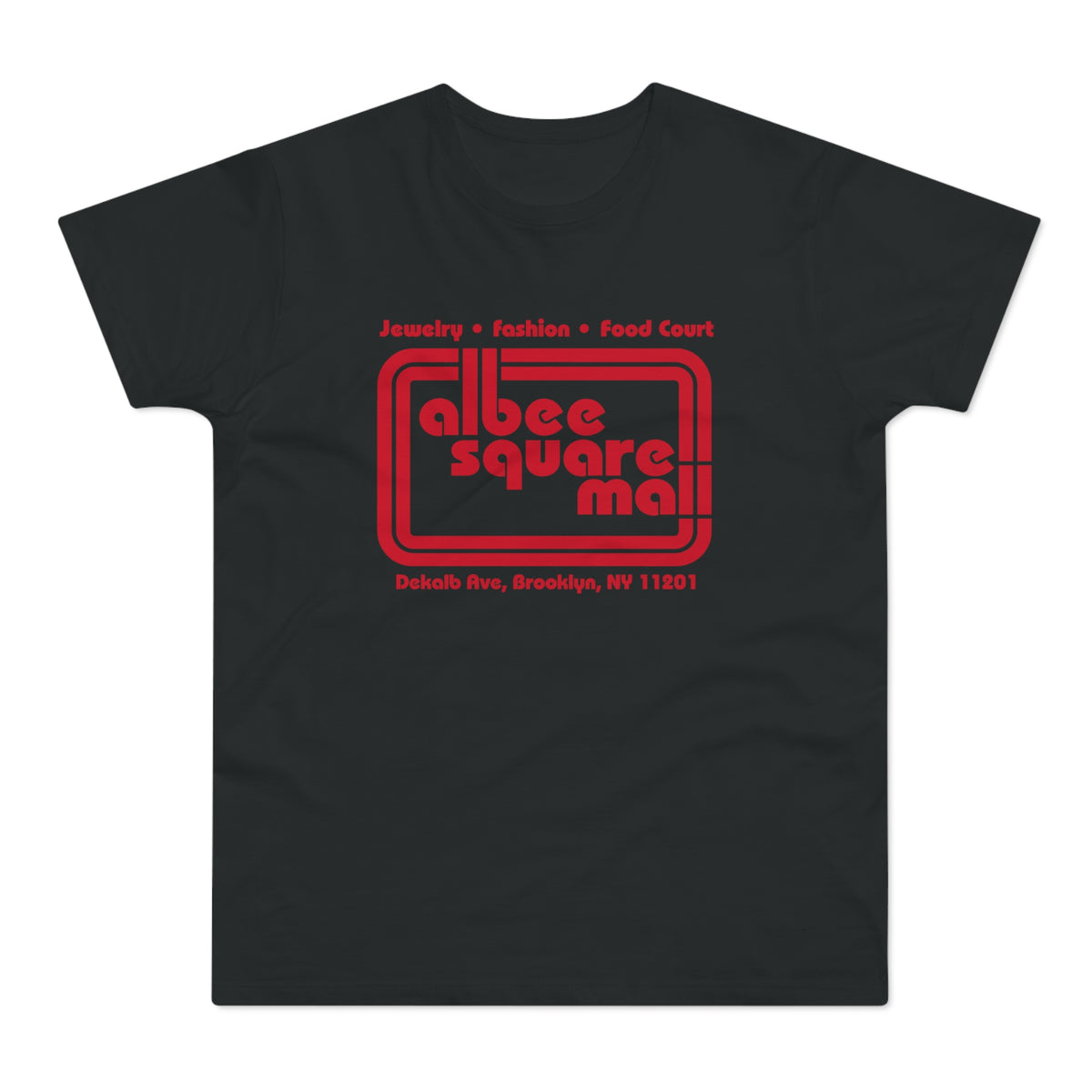 Black t-shirt with red text: Albee Square Mall, Brooklyn NY.