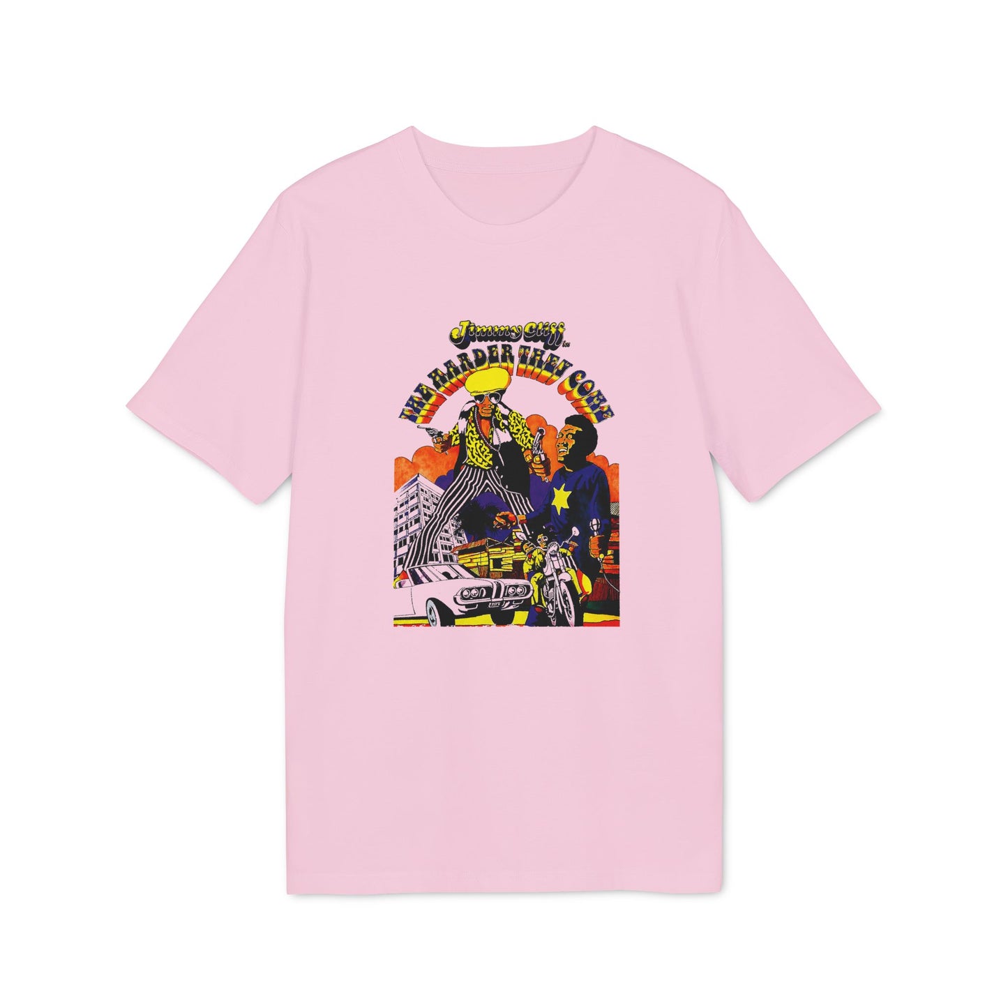 Pink t-shirt with "Jimmy Cliff The Harder They Come" graphic.