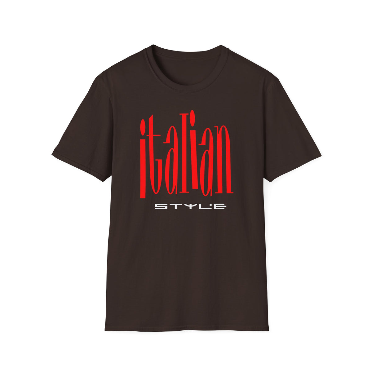 Brown t-shirt with red "ITALIAN STYLE" graphic text.