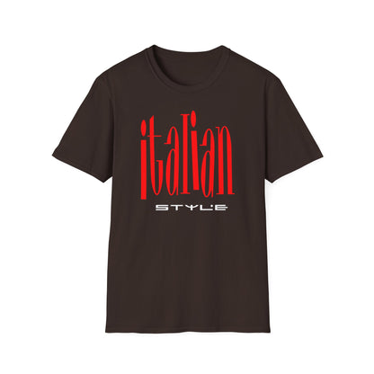 Brown t-shirt with red "ITALIAN STYLE" graphic text.