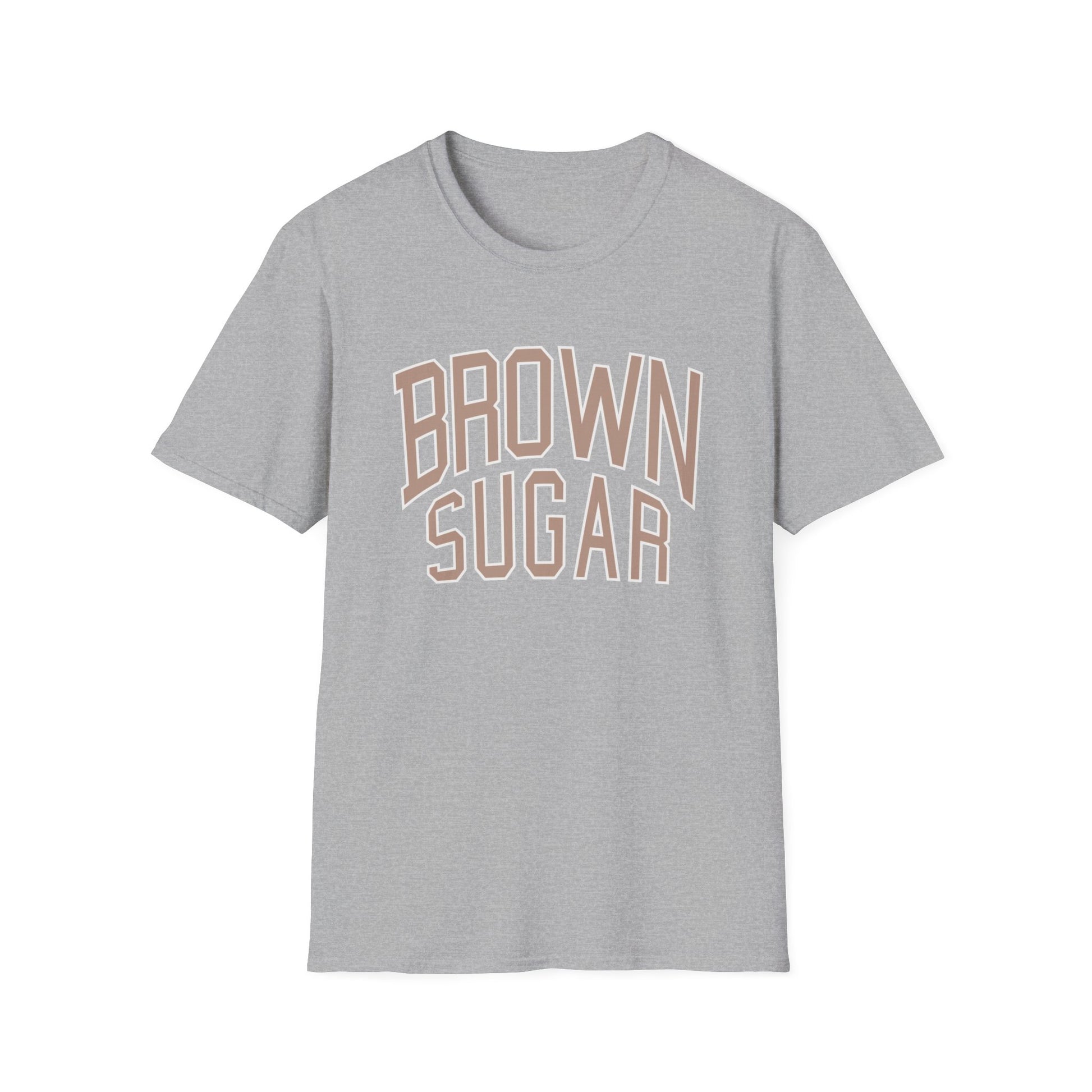 Grey t-shirt with "BROWN SUGAR" text in outlined brown lettering.