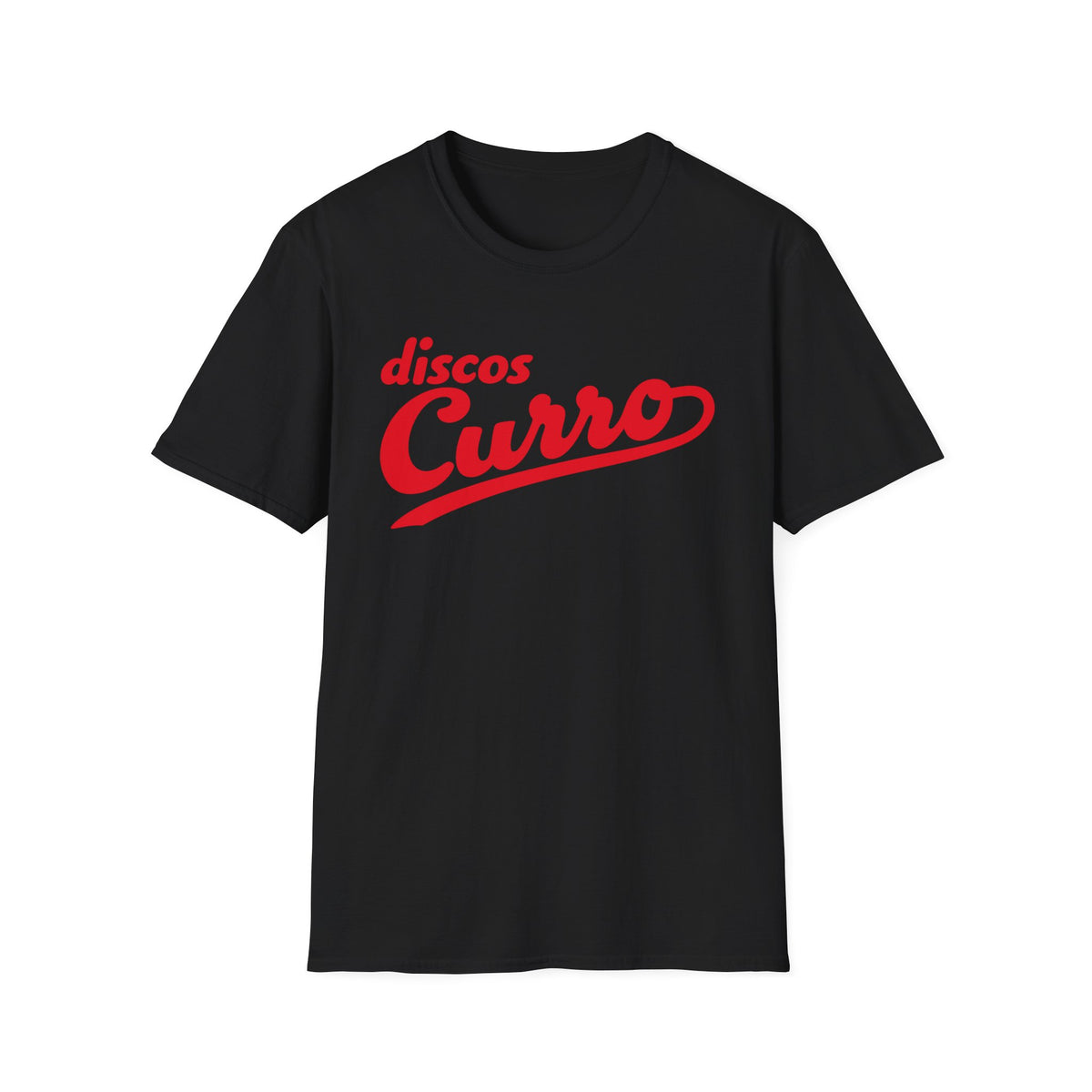 Black t-shirt with red "discos Curro" script logo on the chest.