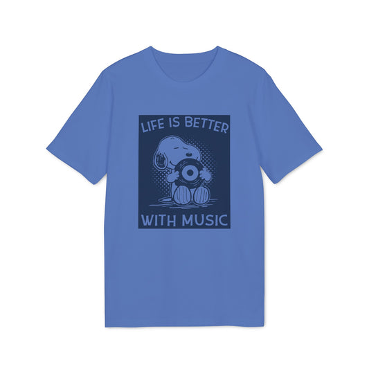 Blue t-shirt with Snoopy holding a vinyl record and text "Life is better with music."