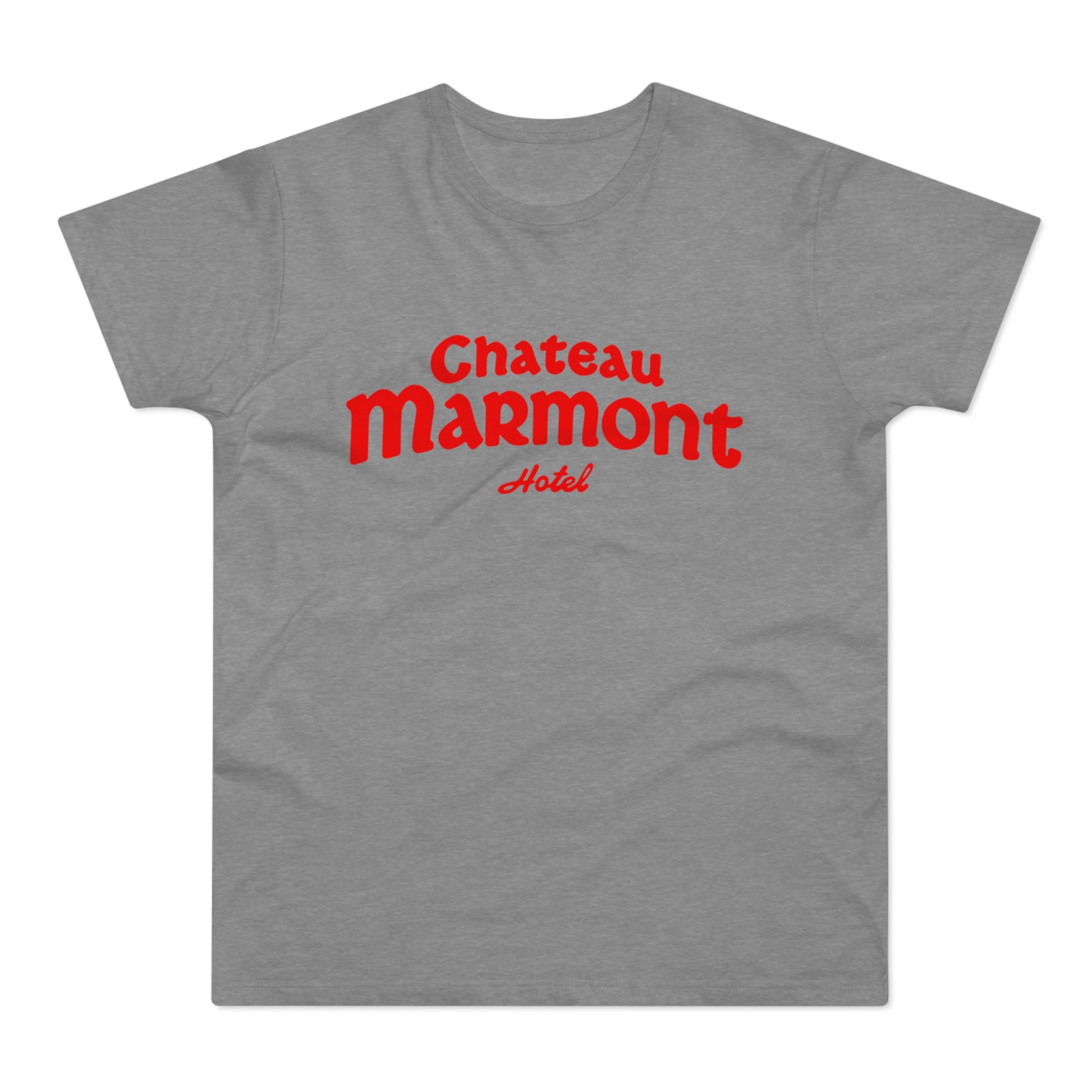 Grey t-shirt with red "Chateau Marmont Hotel" graphic.
