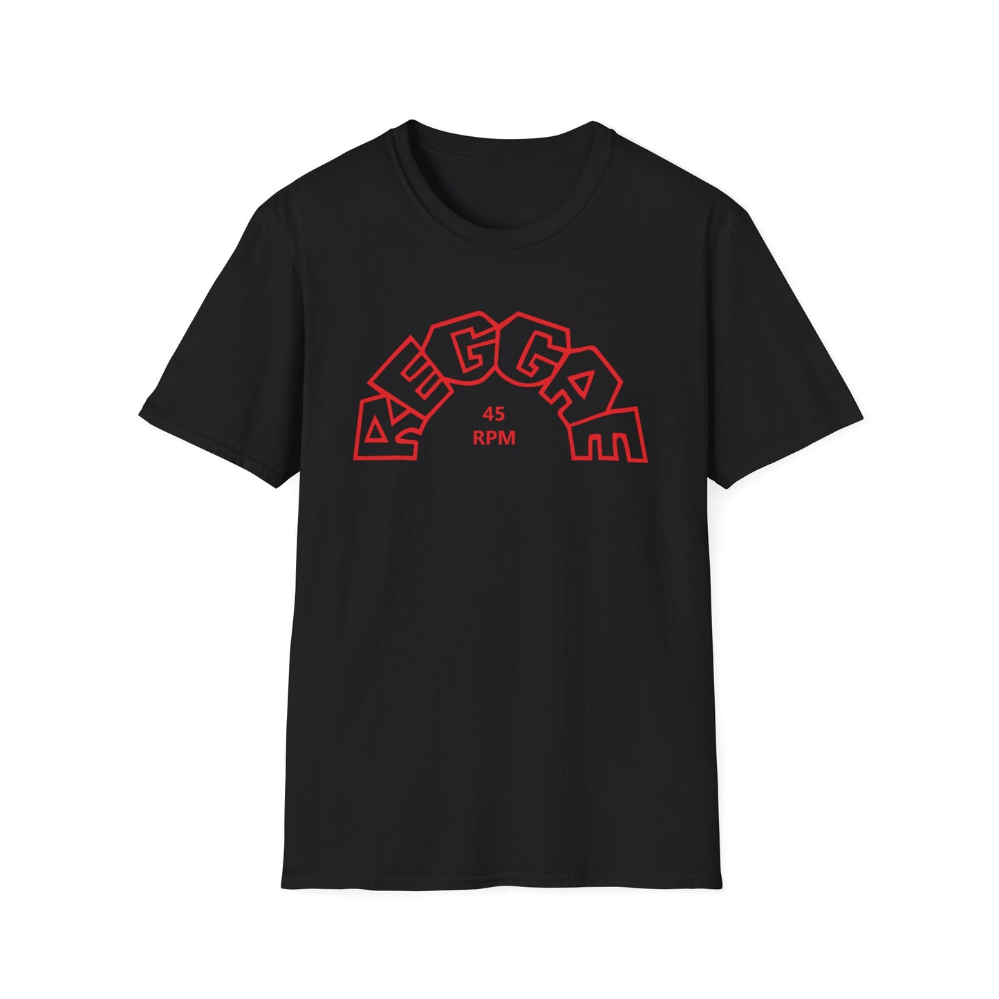 Black t-shirt with red "REGGAE 45 RPM" arched lettering graphic.