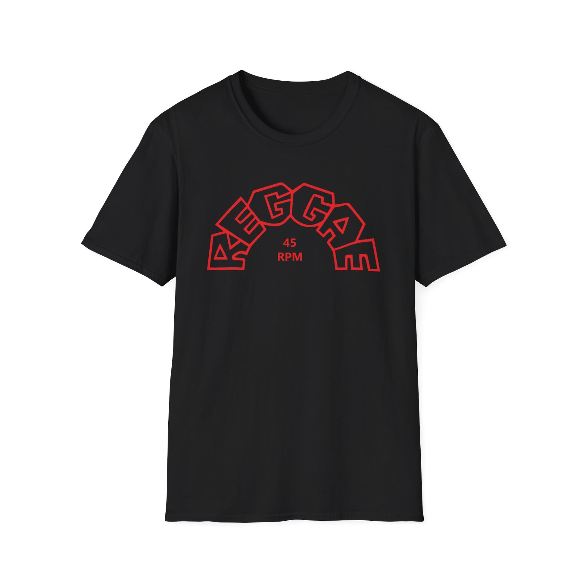Black t-shirt with red "REGGAE 45 RPM" arched lettering graphic.