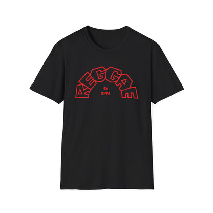 Black t-shirt with red "REGGAE 45 RPM" arched lettering graphic.