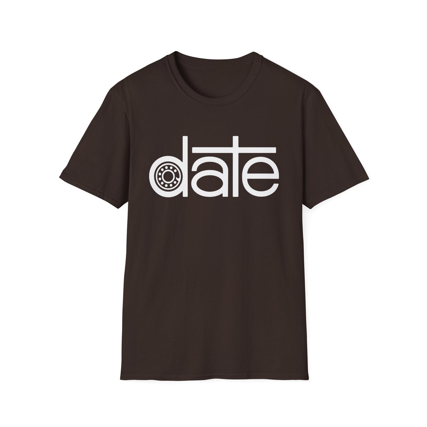 Brown t-shirt with white text "date" featuring a vintage car wheel stylized in place of the "a".