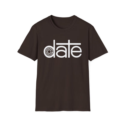 Brown t-shirt with white text "date" featuring a vintage car wheel stylized in place of the "a".