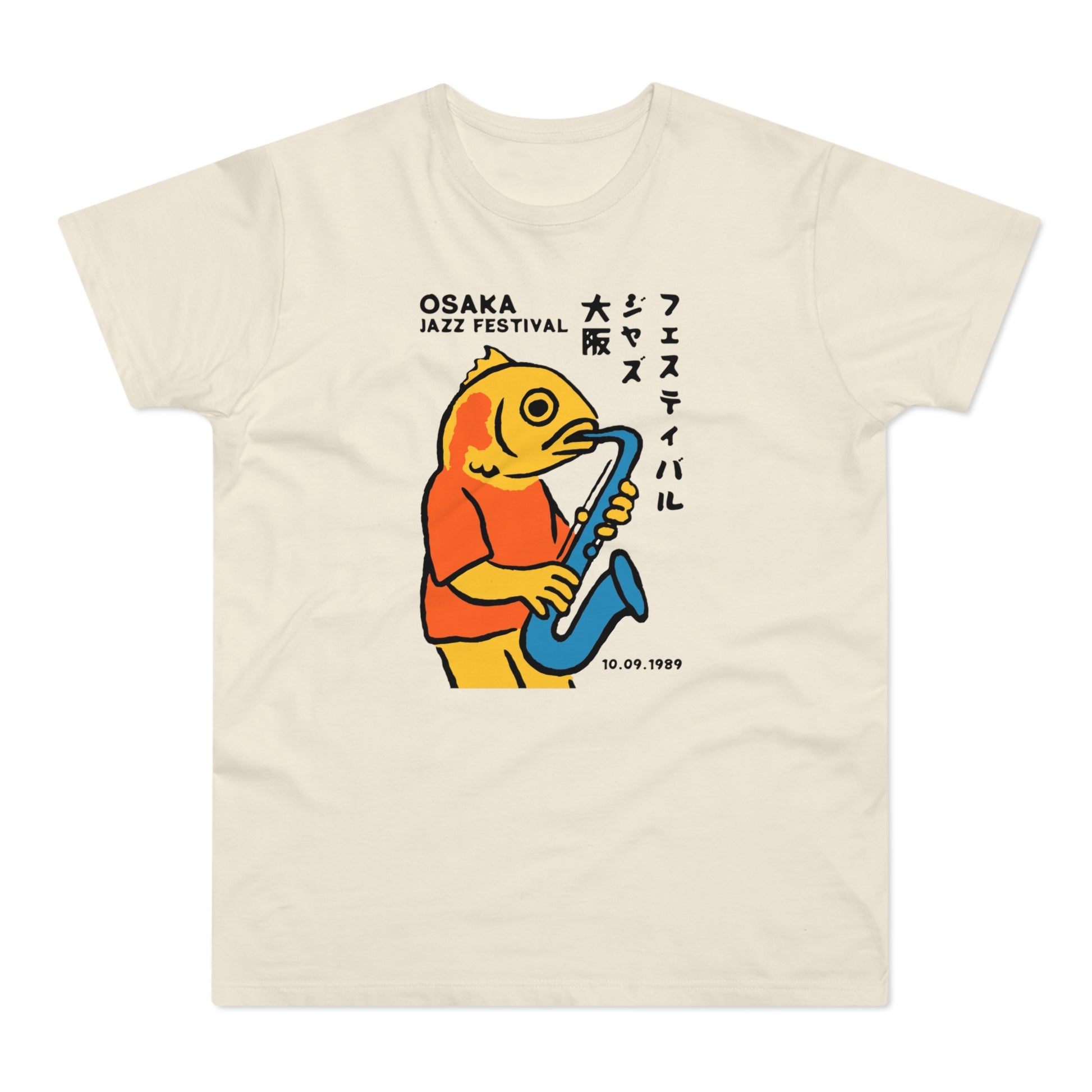 Cream t-shirt with Osaka Jazz Festival text and illustration of a goldfish playing saxophone.