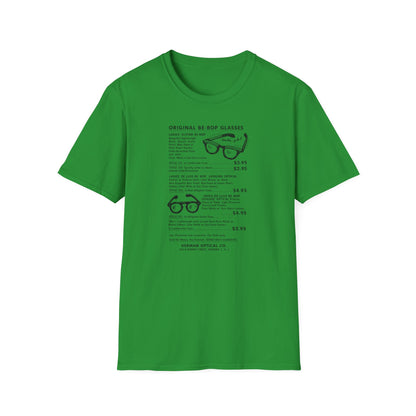 Green t-shirt with text and illustrations of original Be-Bop glasses.