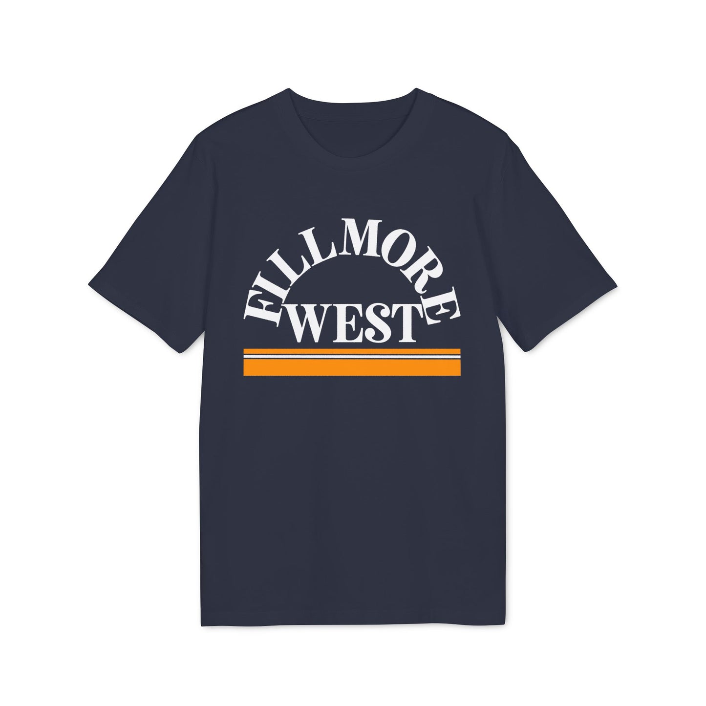 Navy t-shirt with white "FILLMORE WEST" text and orange stripes.