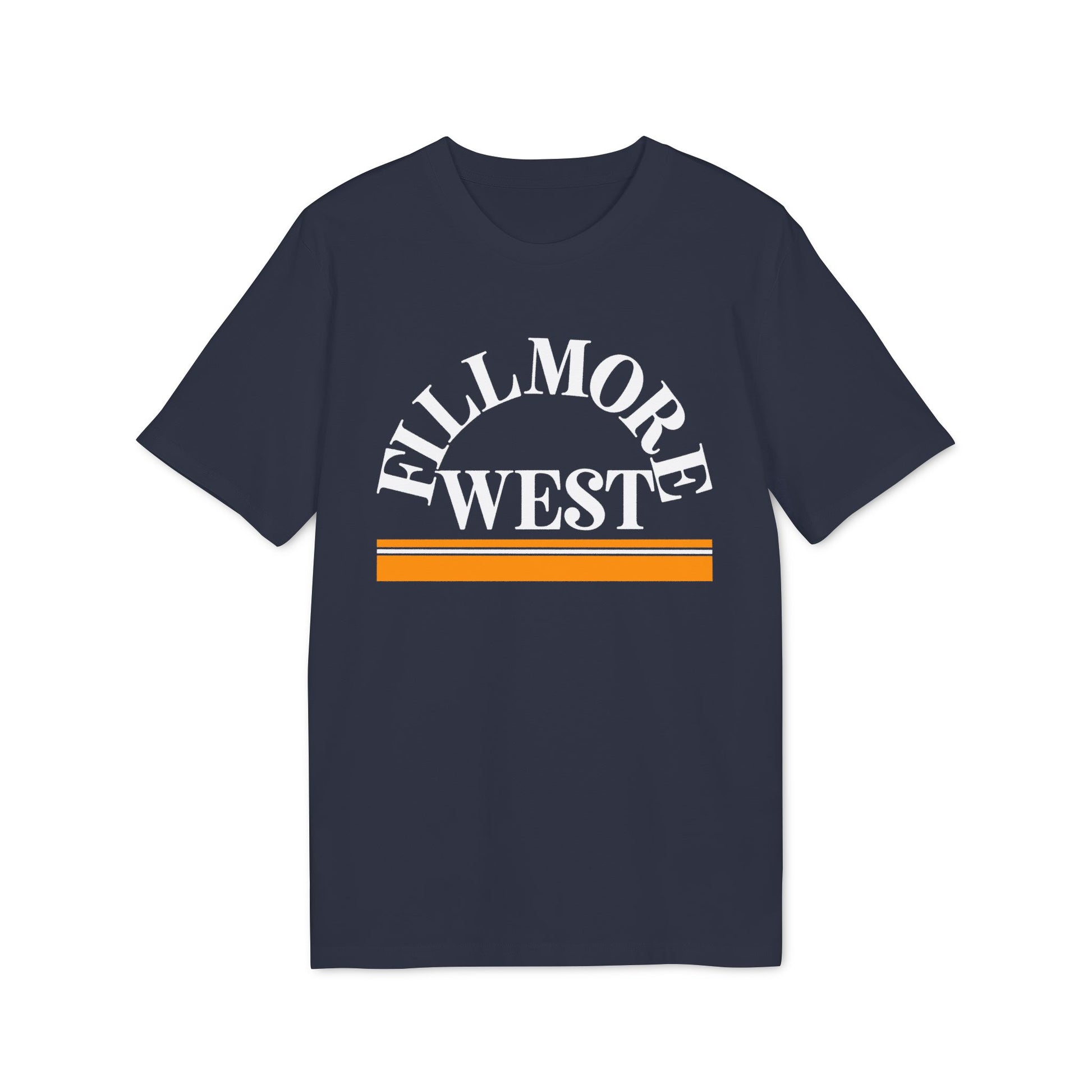 Navy t-shirt with white "FILLMORE WEST" text and orange stripes.