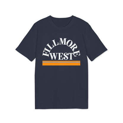 Navy t-shirt with white "FILLMORE WEST" text and orange stripes.