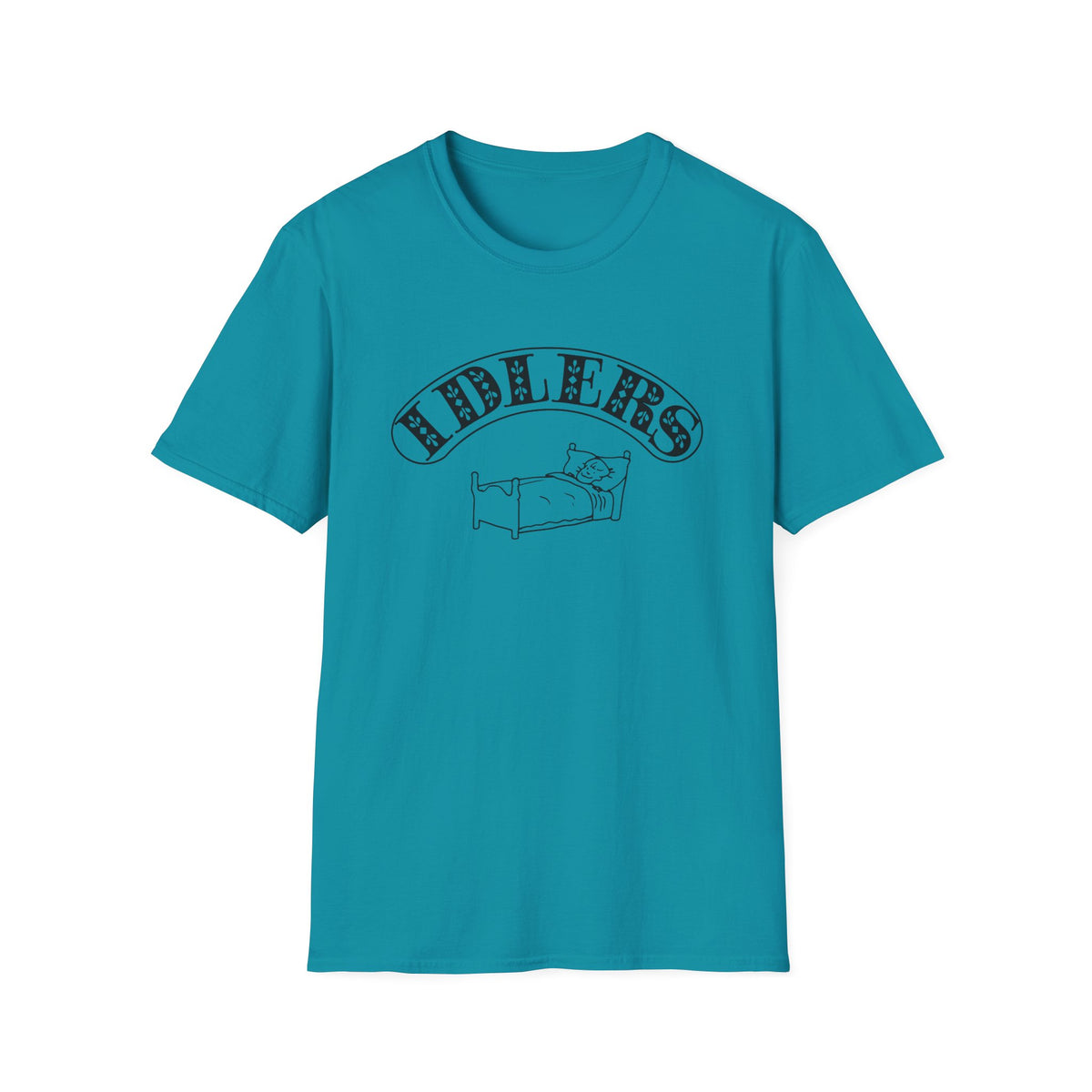 Teal t-shirt with black graphic of person sleeping in bed and text "IDLE ERS".