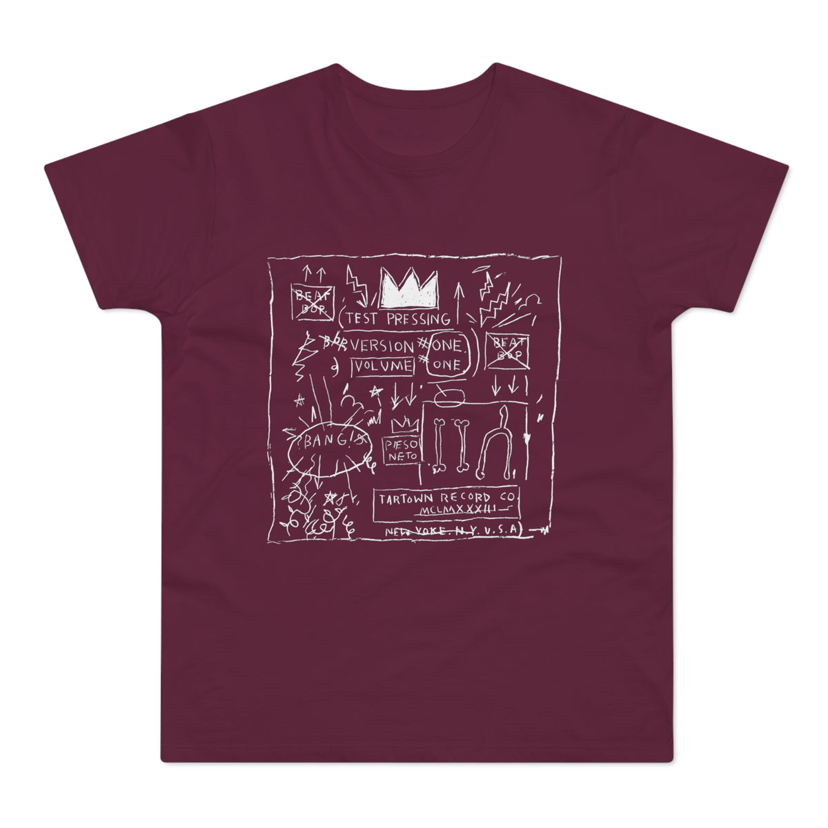 Maroon t-shirt with white line drawing featuring a crown, text, and abstract shapes.