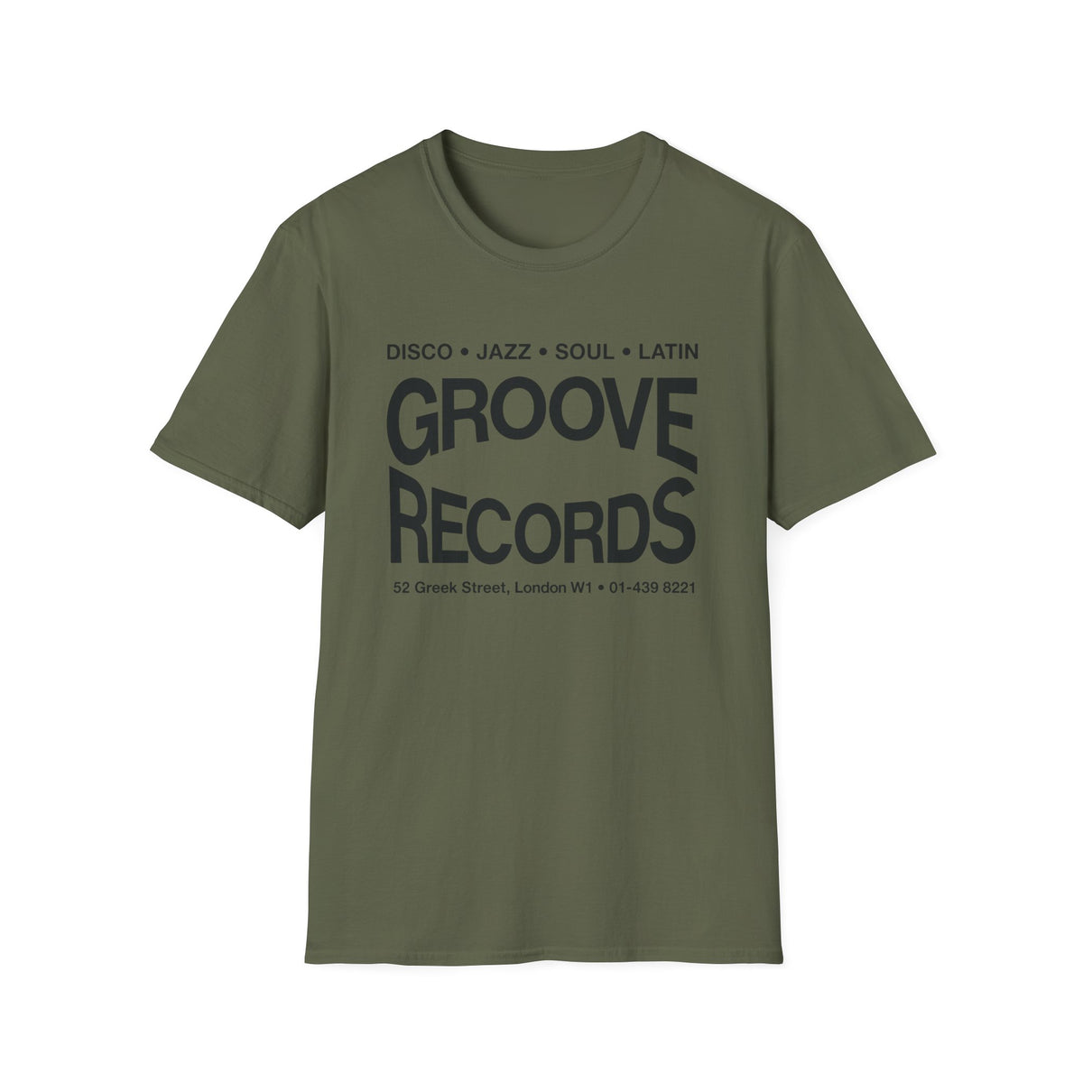 Olive green t-shirt with black text "GROOVE RECORDS" and address.