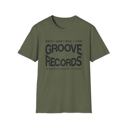 Olive green t-shirt with black text "GROOVE RECORDS" and address.