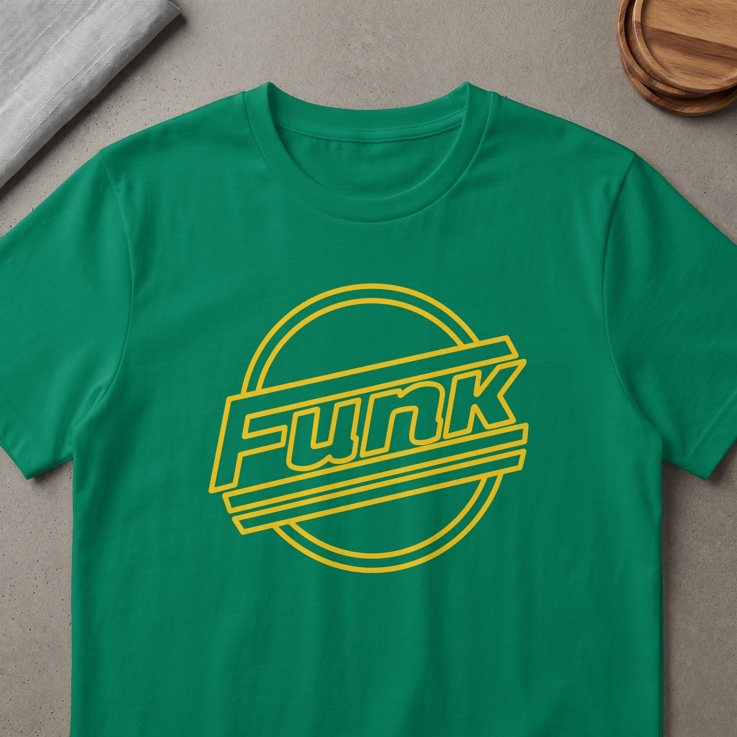 Green t-shirt with yellow "Funk" text inside a circular graphic.