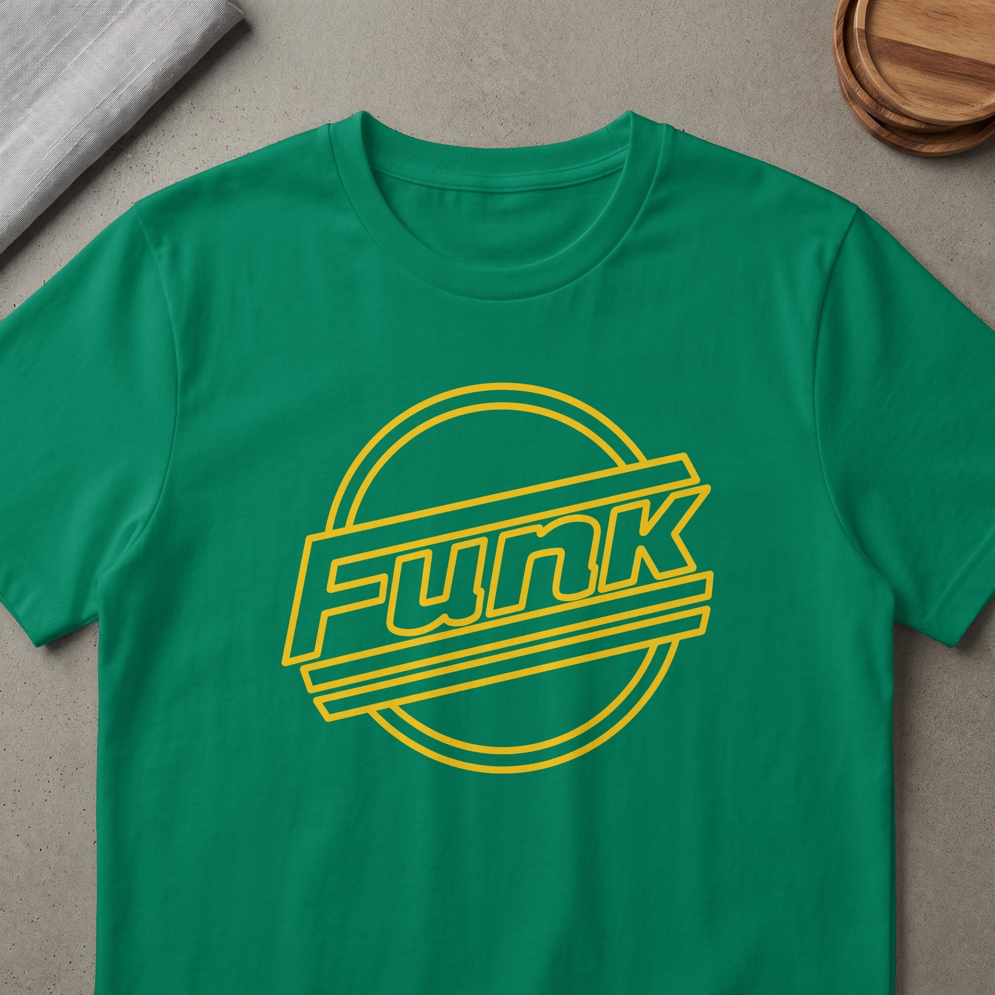 Green t-shirt with yellow "Funk" text inside a circular graphic.