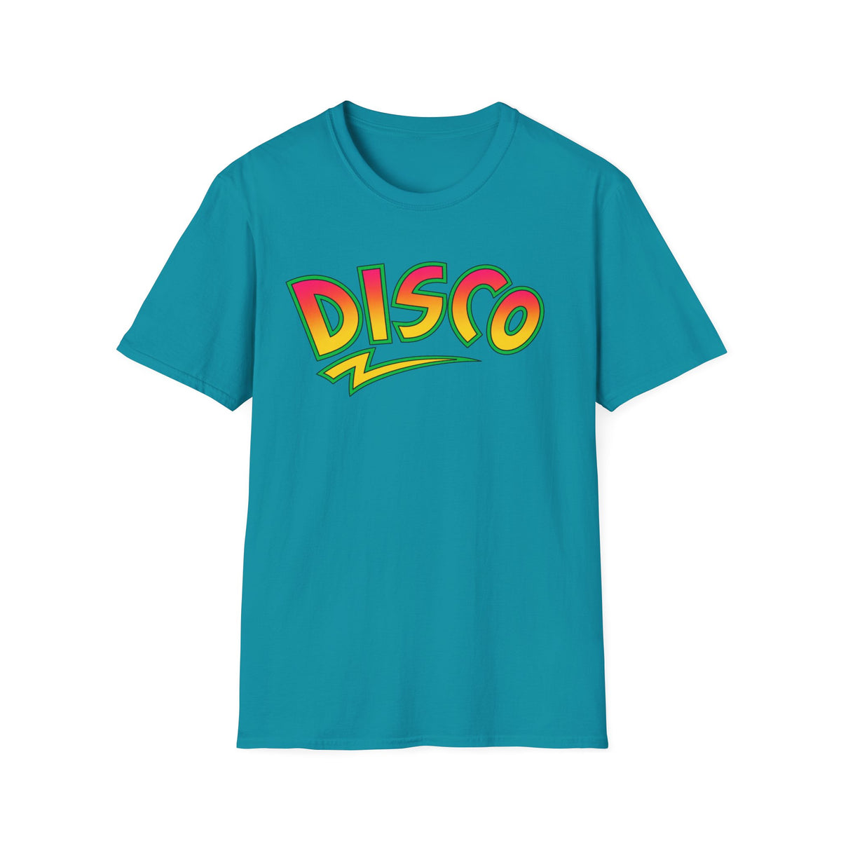 Teal t-shirt with "DISCO" text in a colorful retro font.