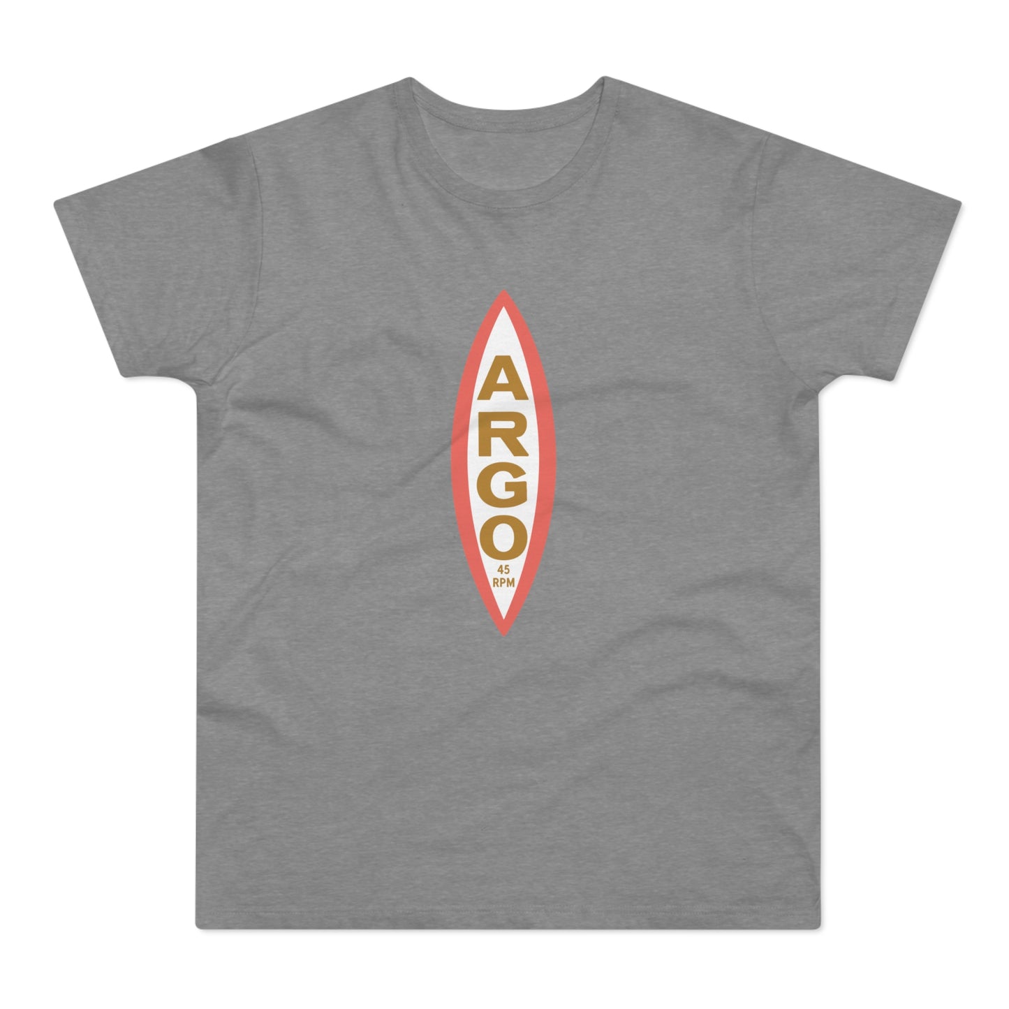 Gray t-shirt with oval design featuring "ARGO" and "45 RPM" text.