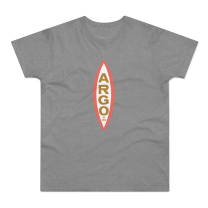 Gray t-shirt with oval design featuring "ARGO" and "45 RPM" text.