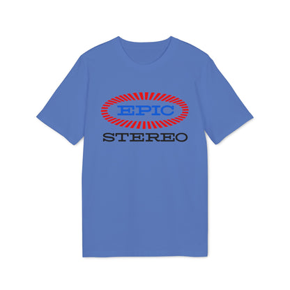 Purple t-shirt with Epic Stereo logo in red and black colors.