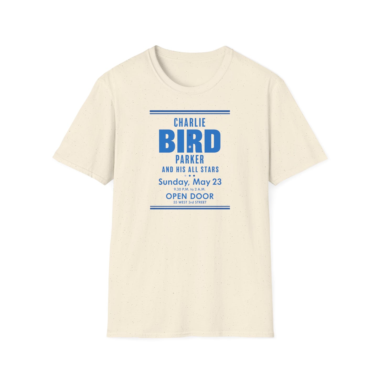 Cream t-shirt with blue text: Charlie Bird Parker and His All Stars, Sunday, May 23.