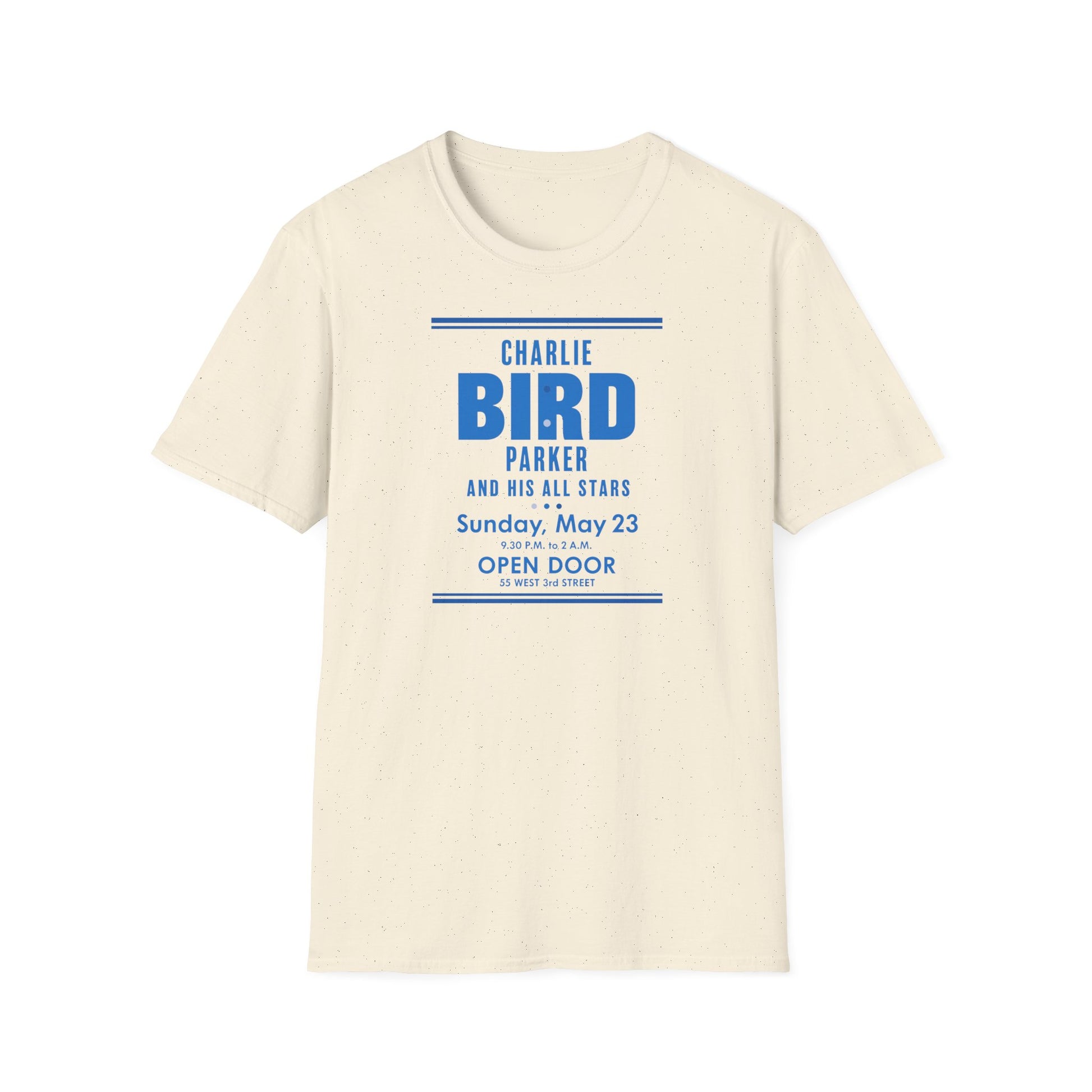 Cream t-shirt with blue text: Charlie Bird Parker and His All Stars, Sunday, May 23.