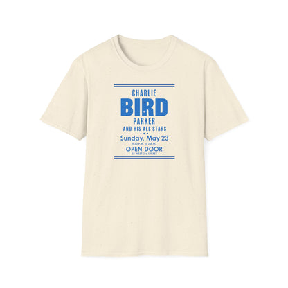 Cream t-shirt with blue text: Charlie Bird Parker and His All Stars, Sunday, May 23.