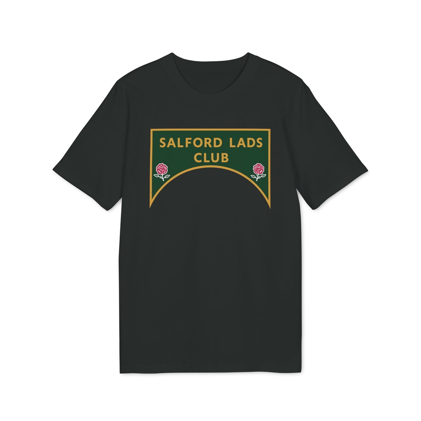 Black t-shirt with a green and gold crest featuring "Salford Lads Club" and two roses.