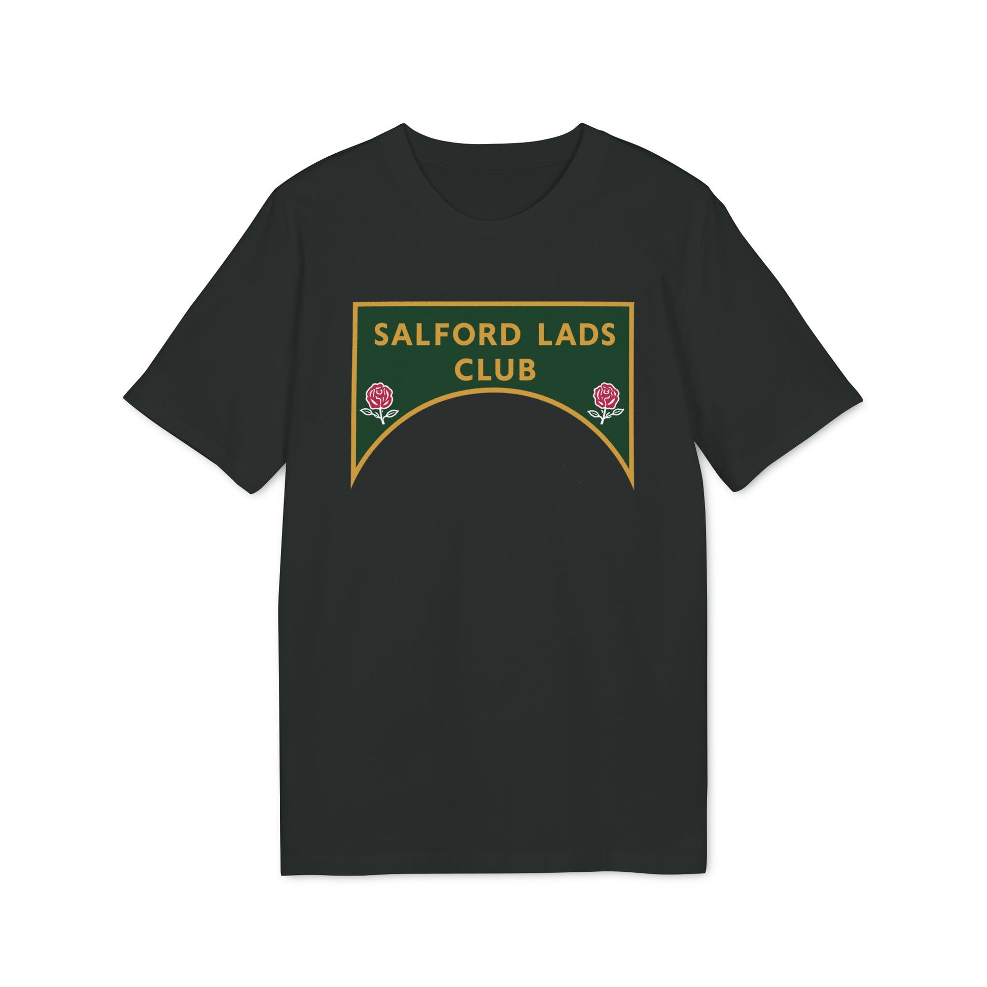 Black t-shirt with a green and gold crest featuring "Salford Lads Club" and two roses.