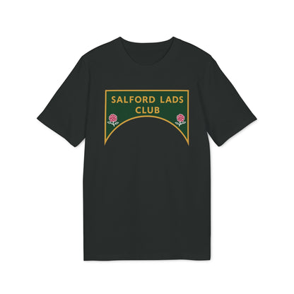 Black t-shirt with a green and gold crest featuring "Salford Lads Club" and two roses.