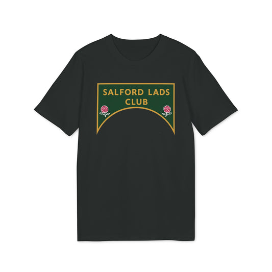 Black t-shirt with a green and gold crest featuring "Salford Lads Club" and two roses.