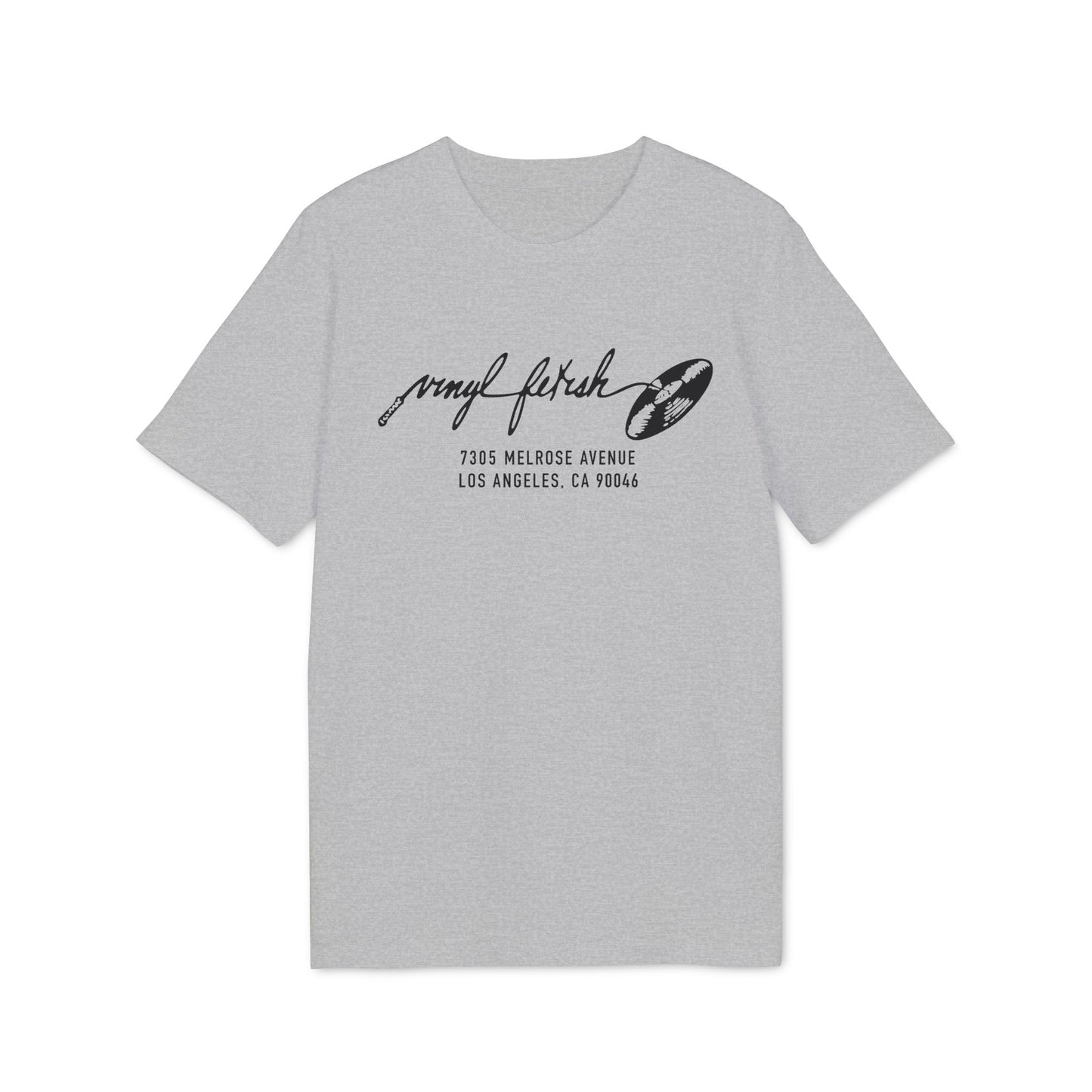 Grey t-shirt with black "Vinyl Fetch" logo and Los Angeles address.